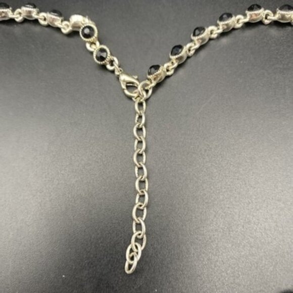 Faux Pearl Festoon Necklace Black Rhinestone Bib Silver Tone 16+2" Art Deco - Picture 5 of 8